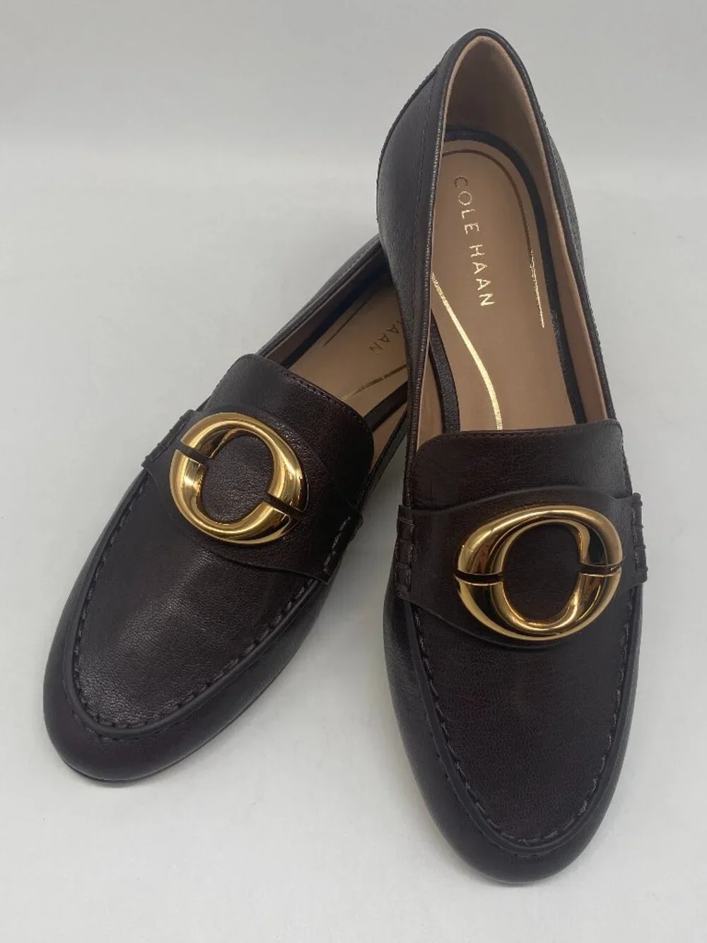 COLE HAAN BROWN LETAHER BALLET FLATS WITH GOLD CIRCLE HARDWARE